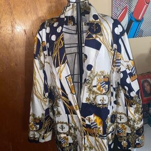 Elegant Patterned Blazer - Navy, White, Gold